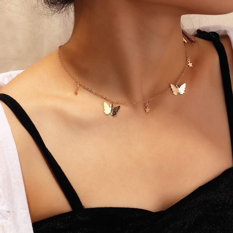 2PCS Fashion Choker Necklace Lovely Golden Silver Plated Butterfly Necklace Short Women Summer Holiday Romantic Gift Jewelry