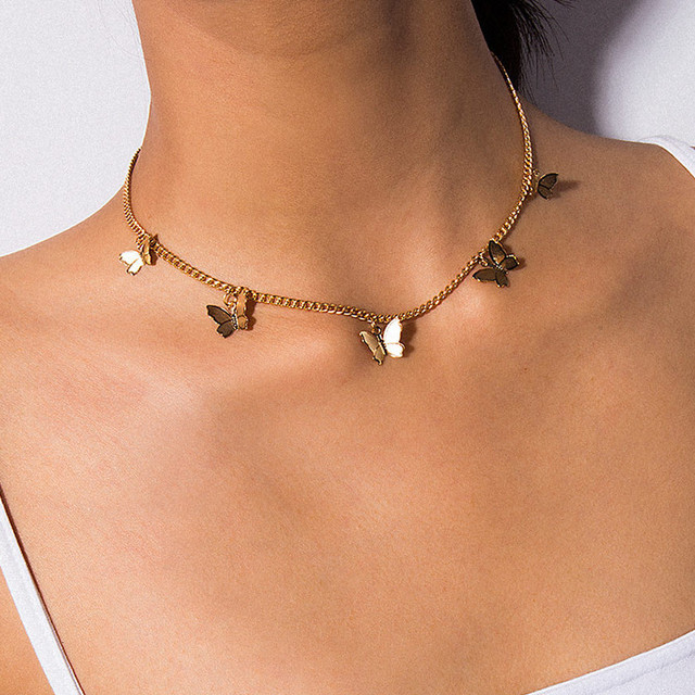 2PCS Fashion Choker Necklace Lovely Golden Silver Plated Butterfly Necklace Short Women Summer Holiday Romantic Gift Jewelry