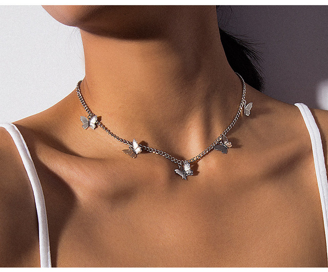 2PCS Fashion Choker Necklace Lovely Golden Silver Plated Butterfly Necklace Short Women Summer Holiday Romantic Gift Jewelry