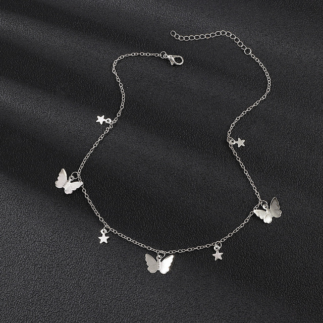 2PCS Fashion Choker Necklace Lovely Golden Silver Plated Butterfly Necklace Short Women Summer Holiday Romantic Gift Jewelry