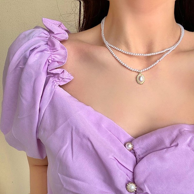 2PCS Imitation Pearl Choker Necklace for Women Summer Beads Double Layer Fashion Neck Jewelry Gift for Friend Pearl Pendant Jewelry