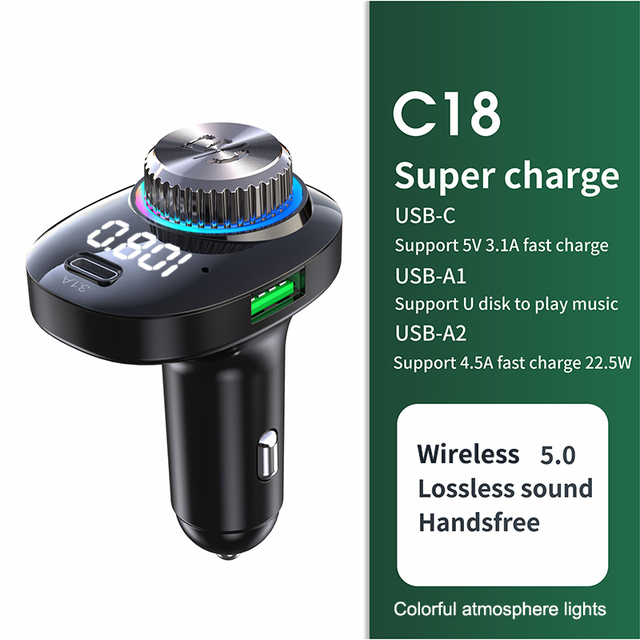 USB 22.5W Super Quick Charge Bluetooth Car Wireless Handsfree Radio Adapter FM Transmitter With Type-C Charger Fm Modulator