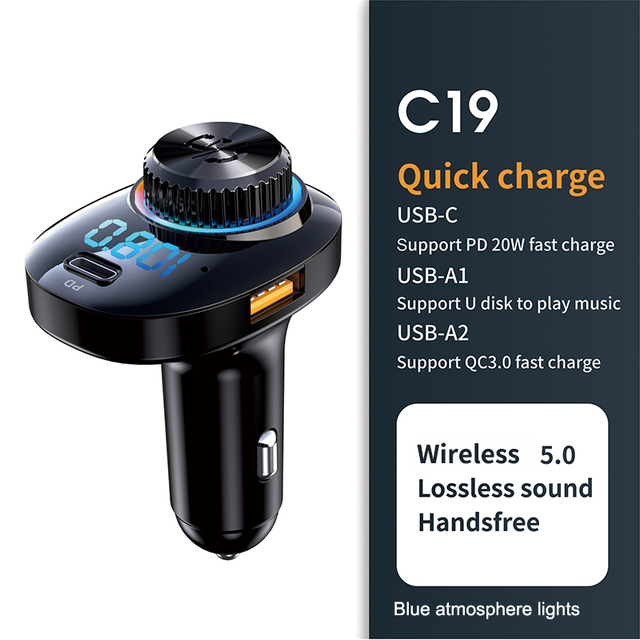 USB 22.5W Super Quick Charge Bluetooth Car Wireless Handsfree Radio Adapter FM Transmitter With Type-C Charger Fm Modulator
