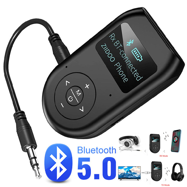 Bluetooth 5.0 Transmitter and Receiver 3-in-1 Wireless Audio Adapter with Display Screen Low Latency Microphone Hands-free Devic