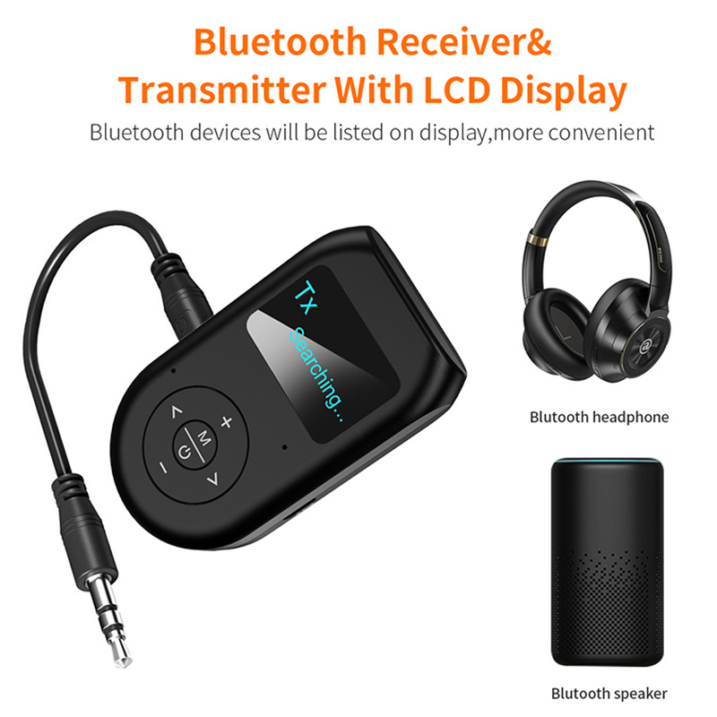 Bluetooth 5.0 Transmitter and Receiver 3-in-1 Wireless Audio Adapter with Display Screen Low Latency Microphone Hands-free Devic
