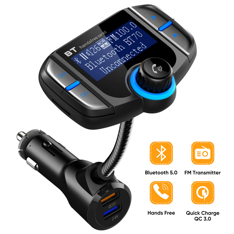 FM Transmitter Car MP3 Player AUX Audio Receiver QC3.0 2.4A Fast Charging Large Screen Bluetooth 5.0 Handsfree Car Kit