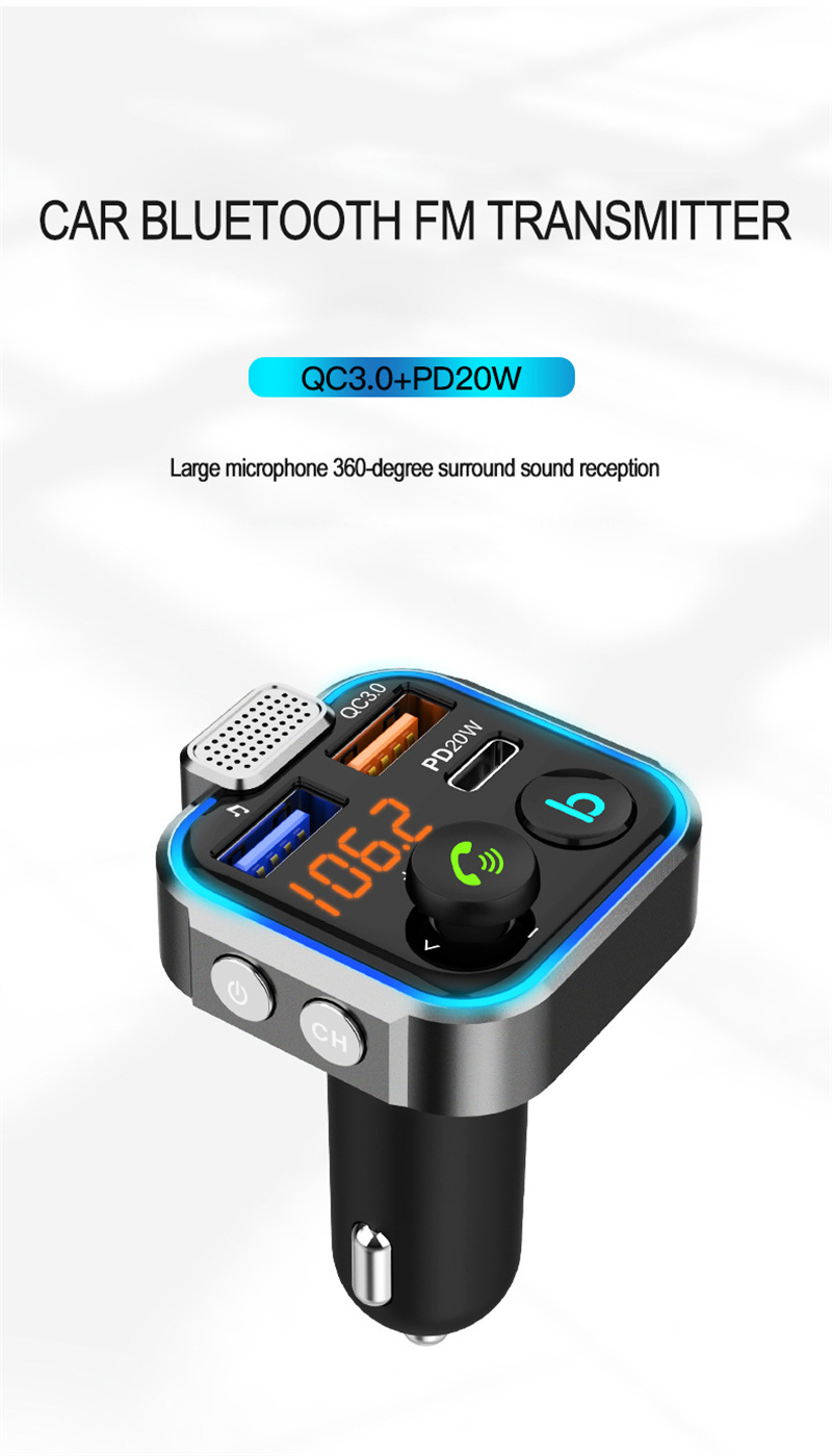 Car QC3.0 PD 20W Charger Bluetooth5.0 FM Transmitter One Button Bass Mp3 Player External Large Microphone Music Player Modulator