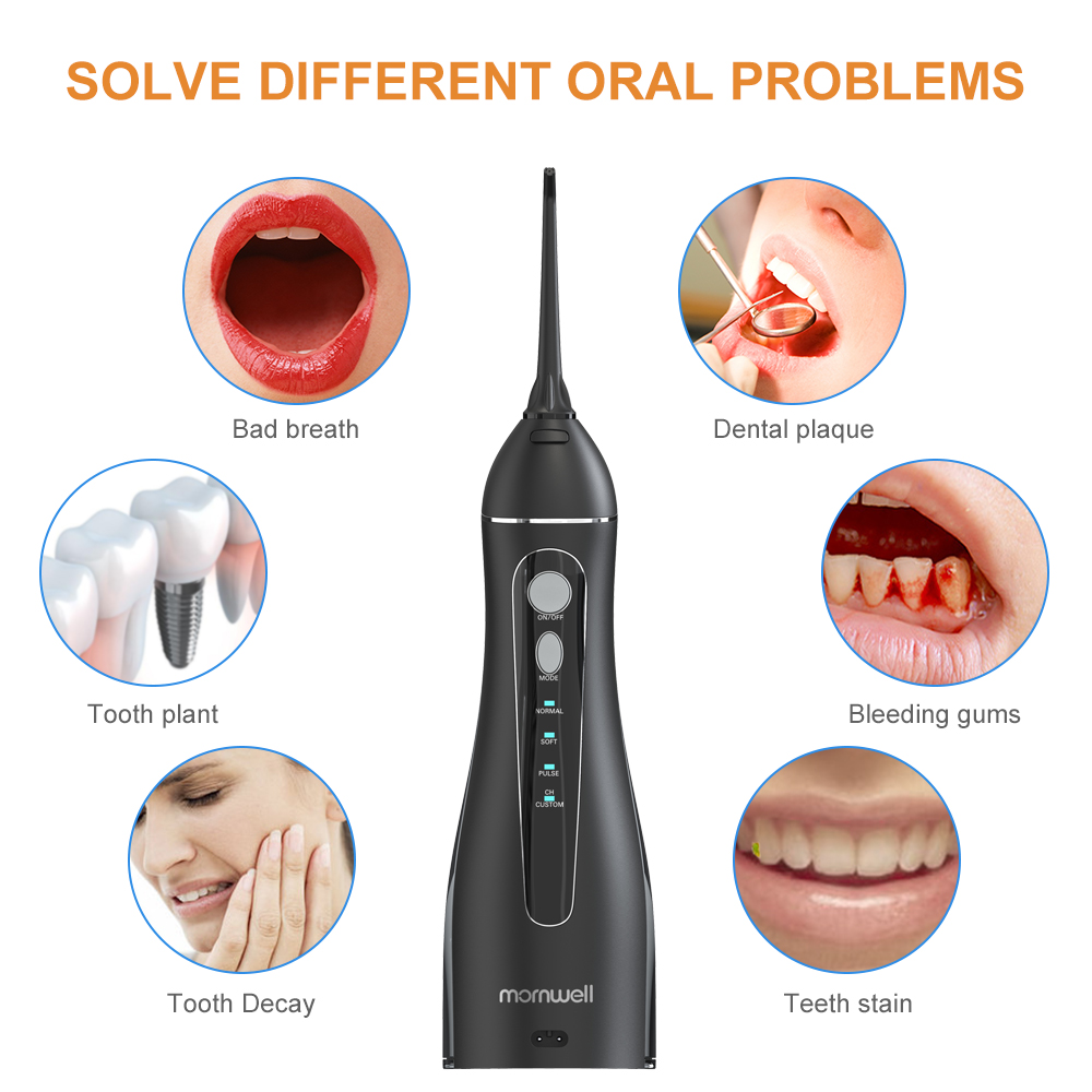 Mornwell Portable Oral Irrigator With Travel Bag Water Flosser USB Rechargeable 5 Nozzles Water Jet 200ml Water Tank Waterproof