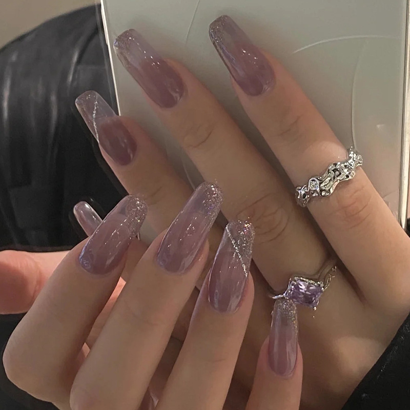 Removable purple manicure nail piece nail sticker nail sticker semi-oblique French manicure finished nail piece