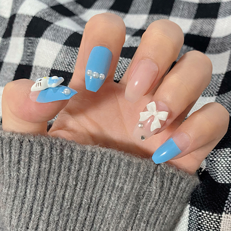 Blue Kitten Bow Nail Art Finished Wearing Fake Nails Removable Nails