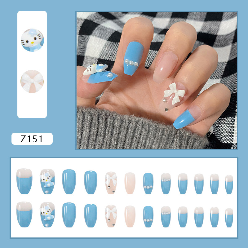 Blue Kitten Bow Nail Art Finished Wearing Fake Nails Removable Nails