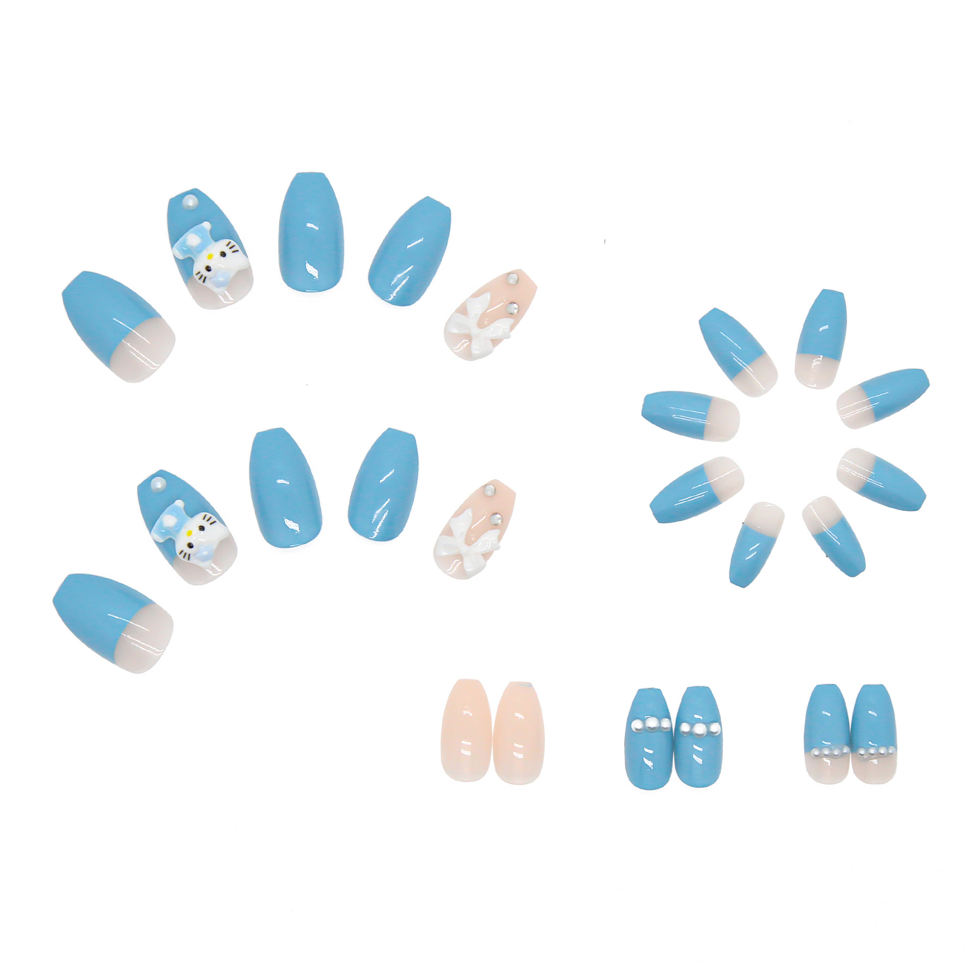 Blue Kitten Bow Nail Art Finished Wearing Fake Nails Removable Nails
