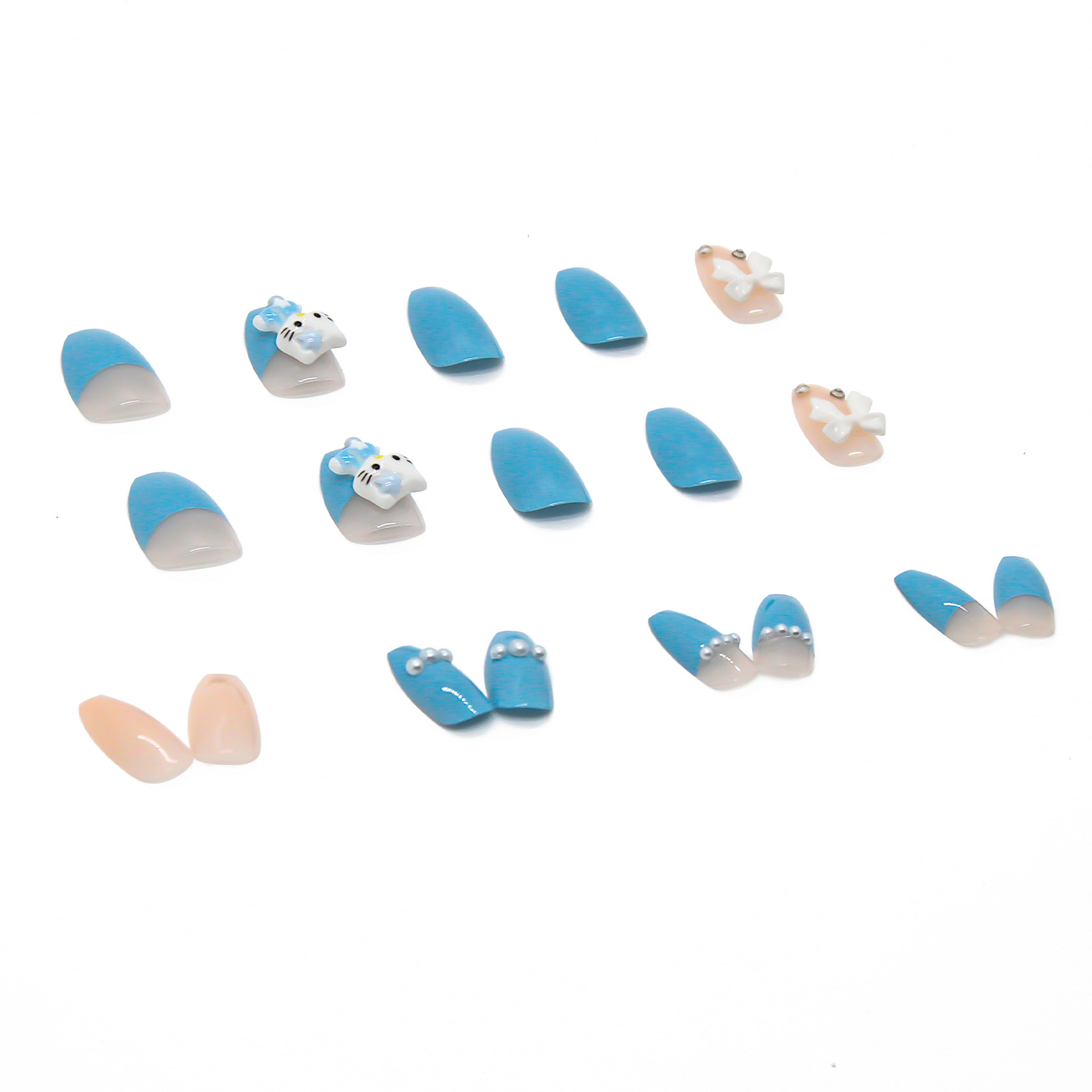 Blue Kitten Bow Nail Art Finished Wearing Fake Nails Removable Nails