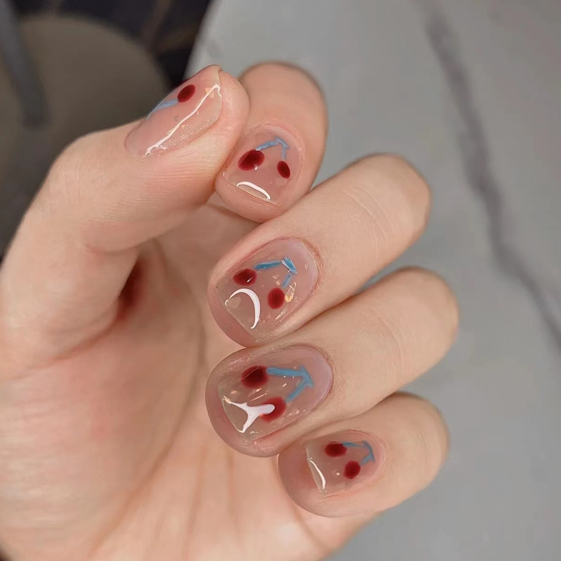 Nail Stickers Cute Cherry Lake Blue Color Versatile Removable Wearable Nail Art Fake Nails