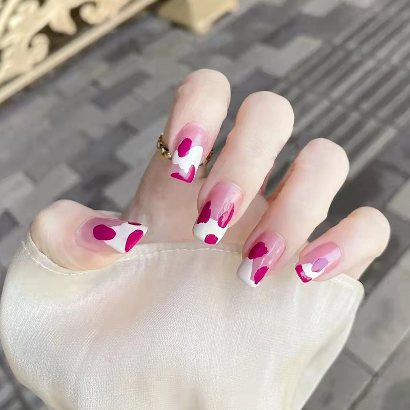 24pcs wearable fake nails raspberry cow pattern removable nail stickers wearable nails finished manicure