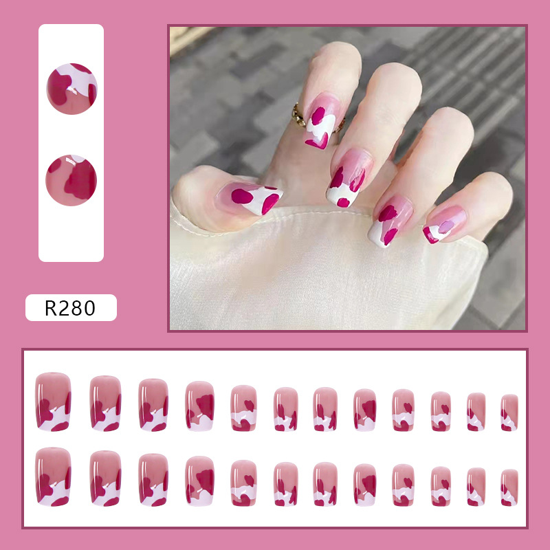 24pcs wearable fake nails raspberry cow pattern removable nail stickers wearable nails finished manicure