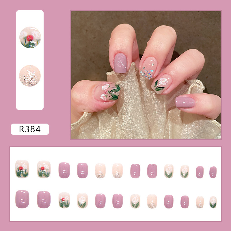 24pcs Fresh Flower Short Nail Art Finished Removable Wearable Nail Stickers