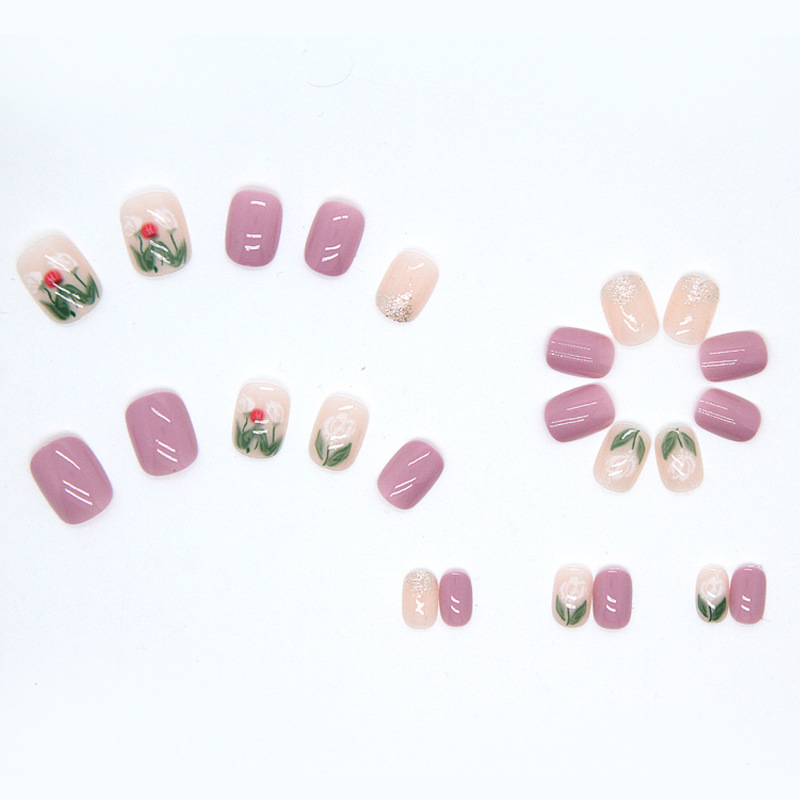 24pcs Fresh Flower Short Nail Art Finished Removable Wearable Nail Stickers