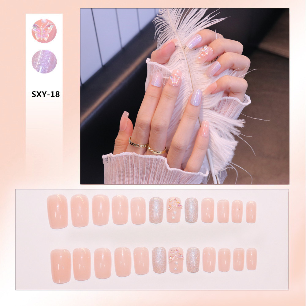 24PCS Nail Art Patch Medium Long Nude Spar Cat Eye Bow Removable Nail Pieces