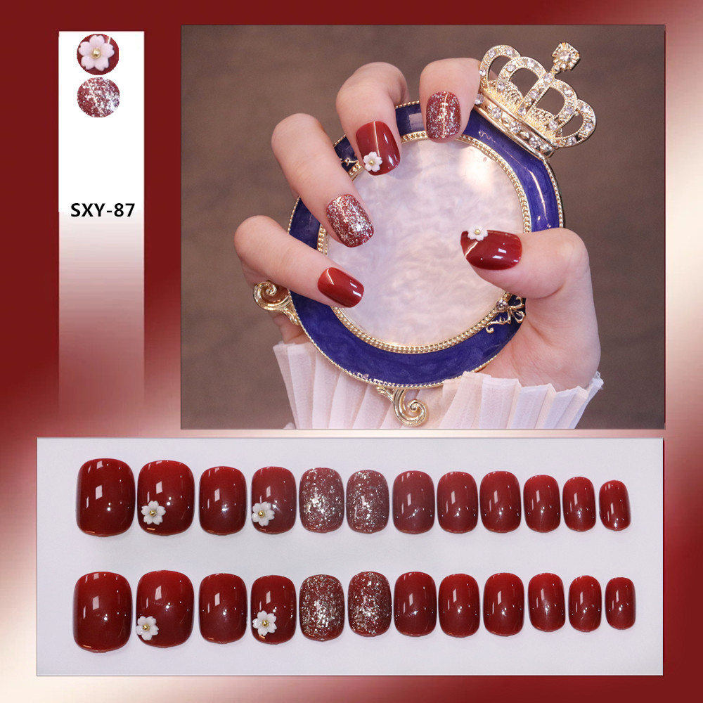 24PCS Nail Patch Short Wine Red Flower Nail Patch Fake Nails