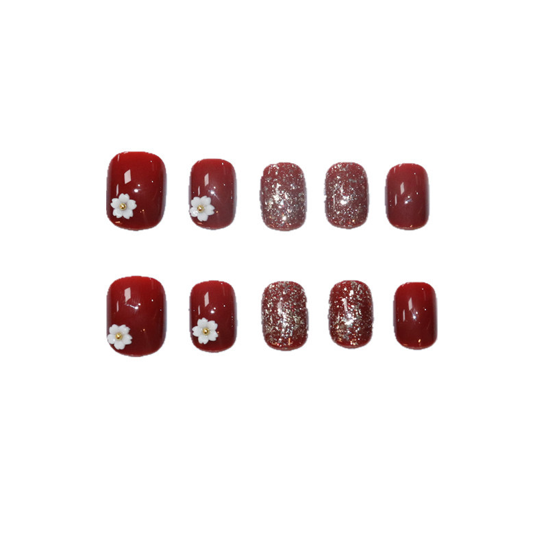 24PCS Nail Patch Short Wine Red Flower Nail Patch Fake Nails