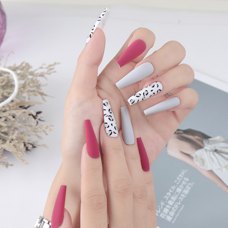 24PCS Nail Art Rose Red Leopard Frosted Long Ballerina Strips
