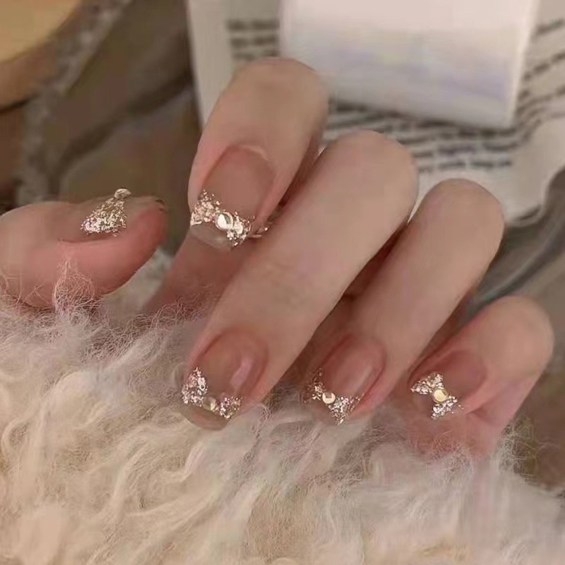 24PCS Nail Art Deep nude color point drill bow detachable fake nail stickers short nail stickers