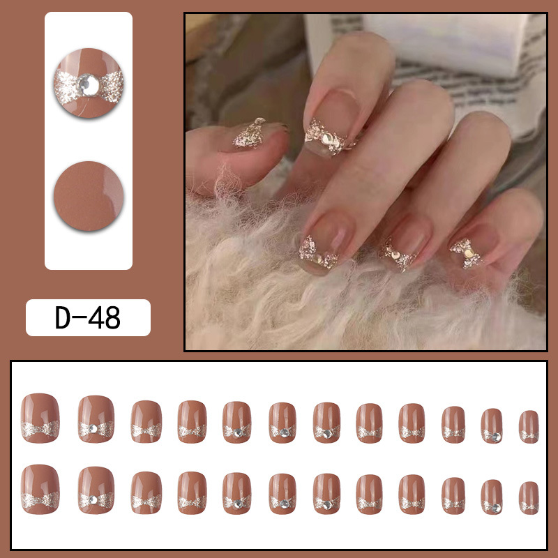 24PCS Nail Art Deep nude color point drill bow detachable fake nail stickers short nail stickers