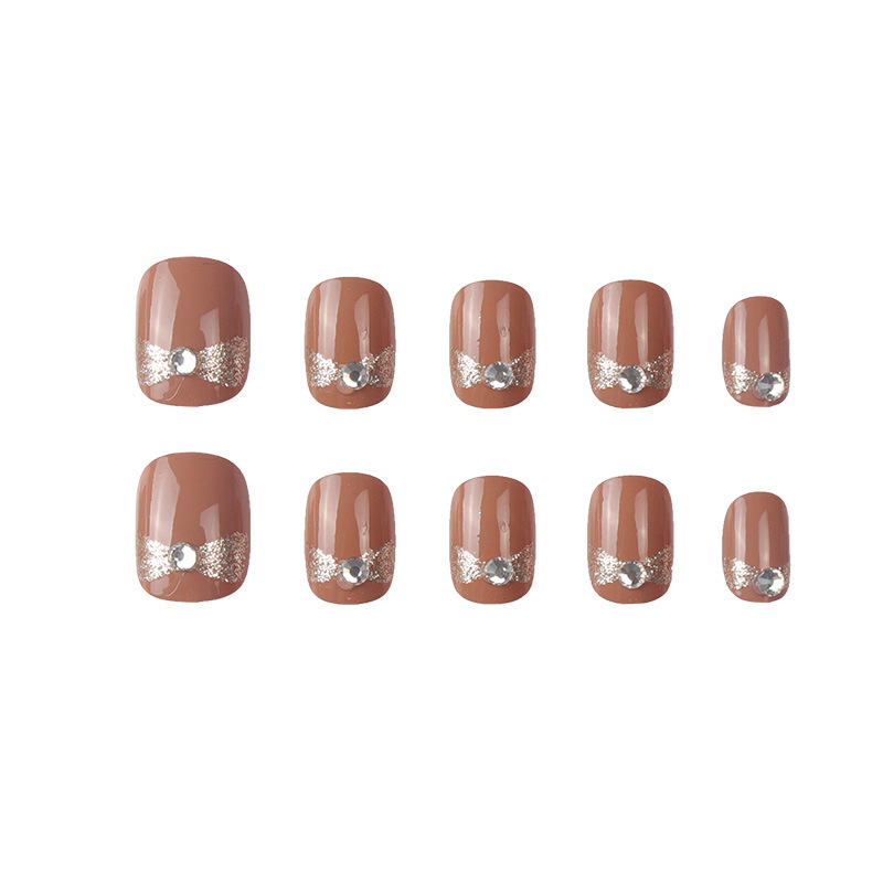24PCS Nail Art Deep nude color point drill bow detachable fake nail stickers short nail stickers