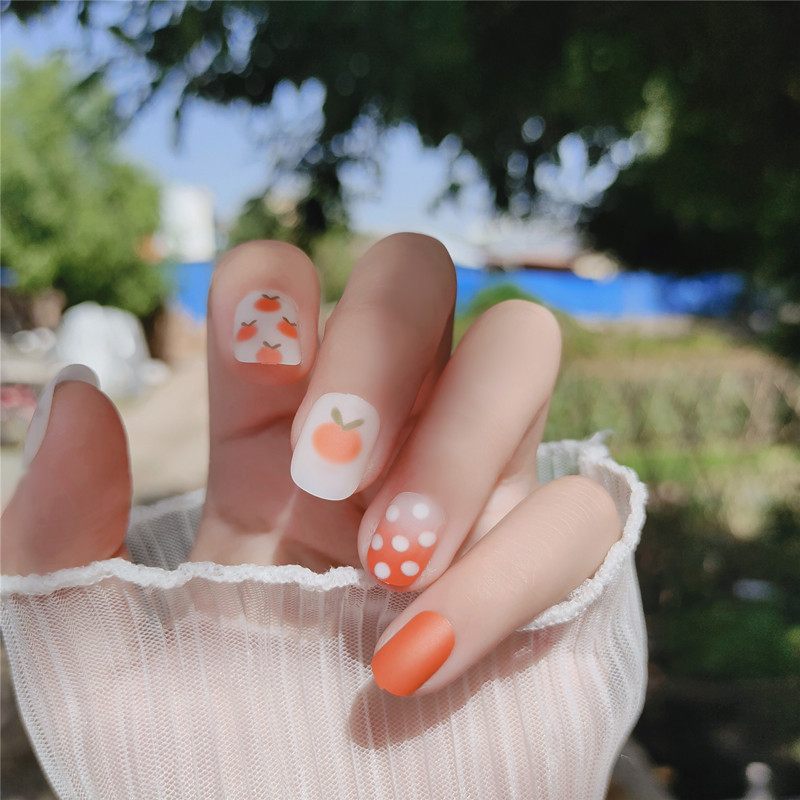 24PCS Orange Polka Dot Nail Art Cute Small Fresh Fake Nail Patch Waterproof Nail Sheet