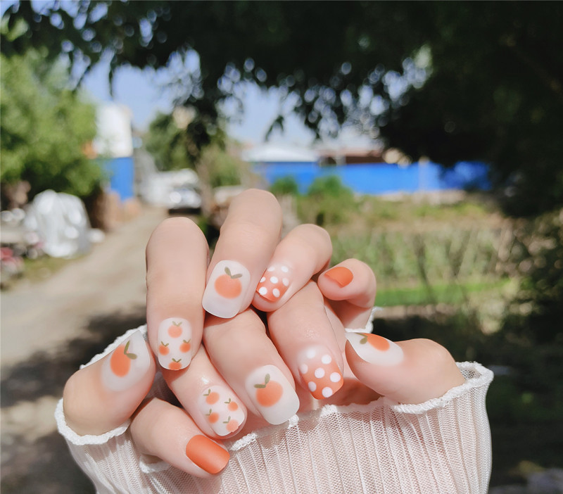 24PCS Orange Polka Dot Nail Art Cute Small Fresh Fake Nail Patch Waterproof Nail Sheet