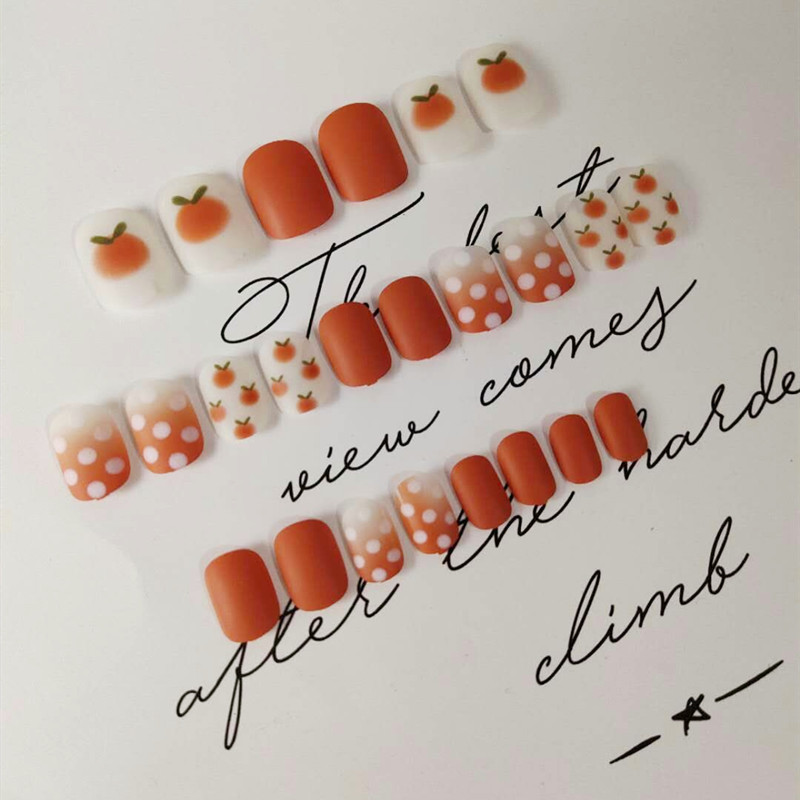 24PCS Orange Polka Dot Nail Art Cute Small Fresh Fake Nail Patch Waterproof Nail Sheet