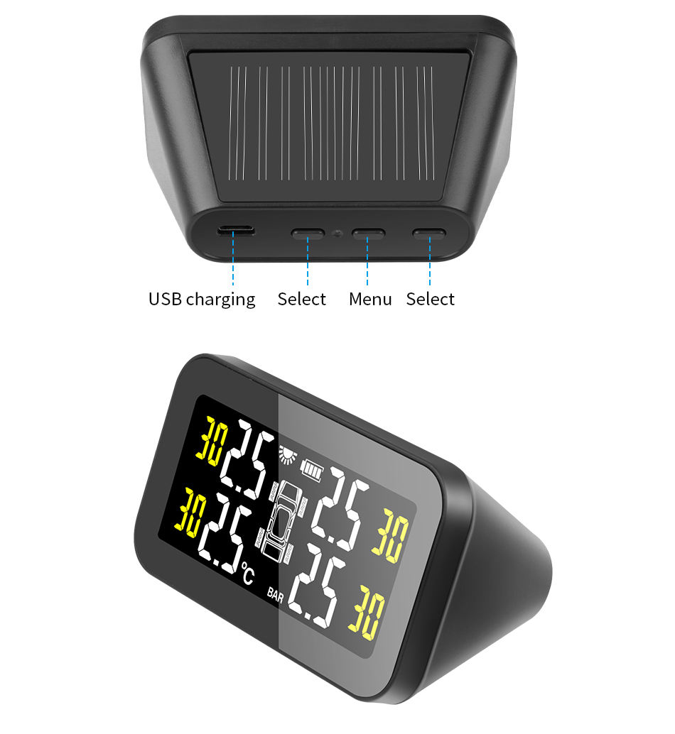 Big Screen TPMS Smart Car Tire Pressure Monitor System Solar Power Intelligent Adjustable LCD Screen Wireless 4 tire
