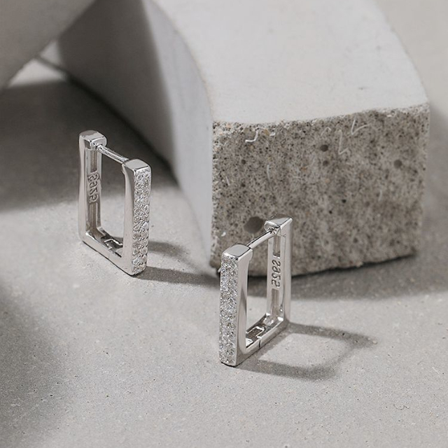 Rectangular Shape Design Hoop Earrings Simple Geometric Zircon Pure Sterling 925 Silver For Women's Party Jewellery