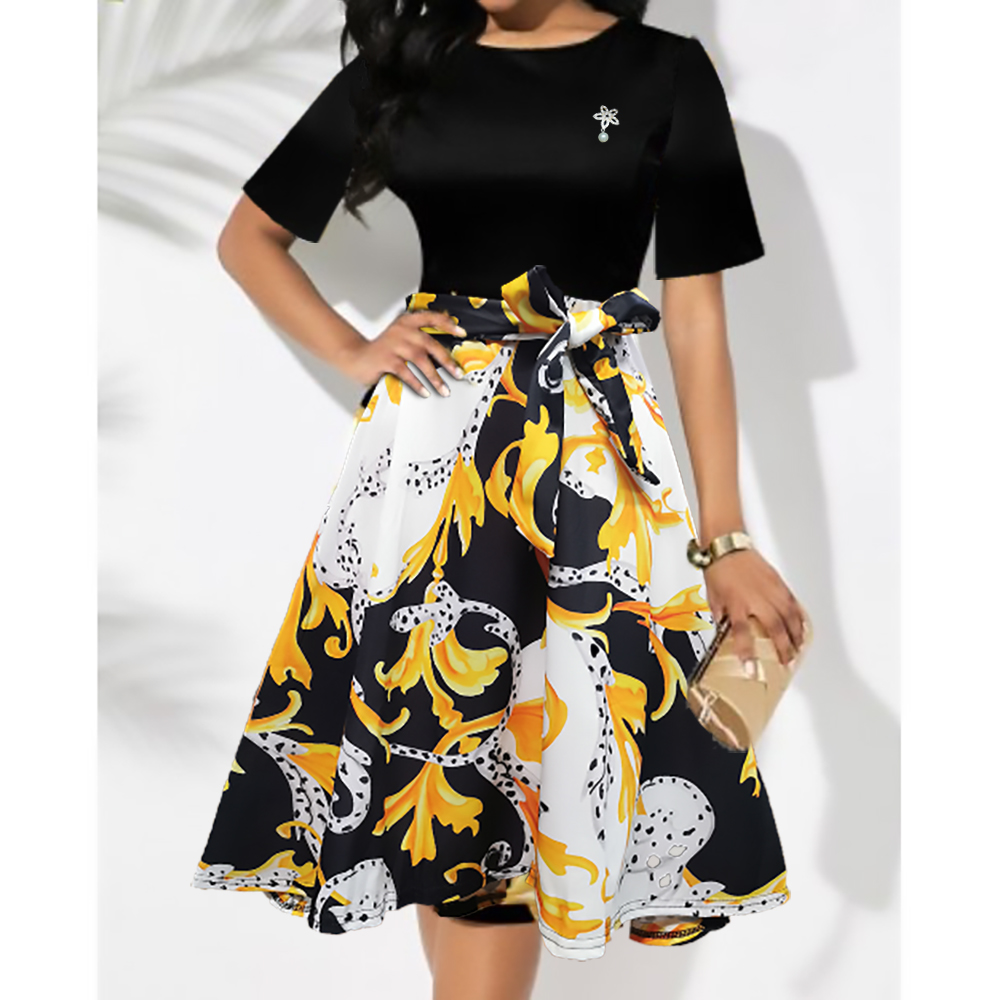 Popular Woman Dresses Chic High Low Side Split Hem Elastic Waist Swing Maxi Dress Prom Dresses Outfits Short Sleeve (Belt as Gift)  LH024 XXXL,Black & Yellow