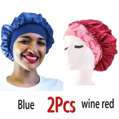 2Pcs Women nightcap Hair Wrap Silk Cap Fashion Head Scarf  Sleeping Bonnet shower hairdressing hair care mo shower cap TJM blue & wine red