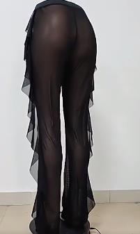 Sheer Mesh Beach Pants Women Sexy Waist Ruffle Wide Leg Trousers Fashion Trough Outfits Trousers