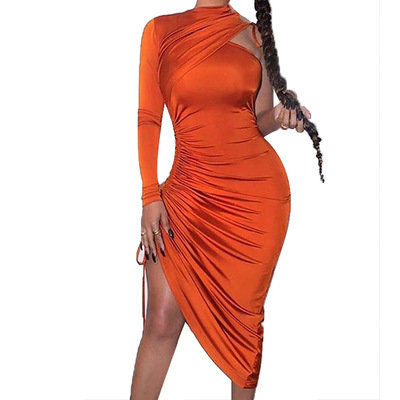 Sexy One Shoulder Drawstring Ruched Bodycon Dress Women Solid Long Sleeve Mid-calf Party Dress