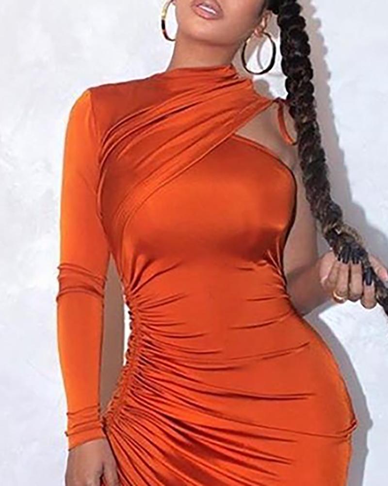 Sexy One Shoulder Drawstring Ruched Bodycon Dress Women Solid Long Sleeve Mid-calf Party Dress