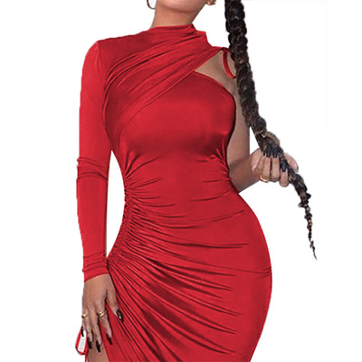 Sexy One Shoulder Drawstring Ruched Bodycon Dress Women Solid Long Sleeve Mid-calf Party Dress