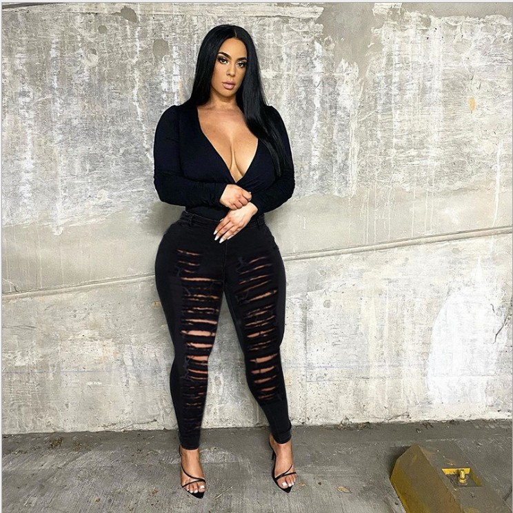 Fashion Skinny Jeans Women Pants Holes Destroyed Knee Pencil Pants Casual Trousers Stretch Jeans