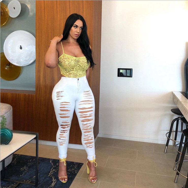 Fashion Skinny Jeans Women Pants Holes Destroyed Knee Pencil Pants Casual Trousers Stretch Jeans
