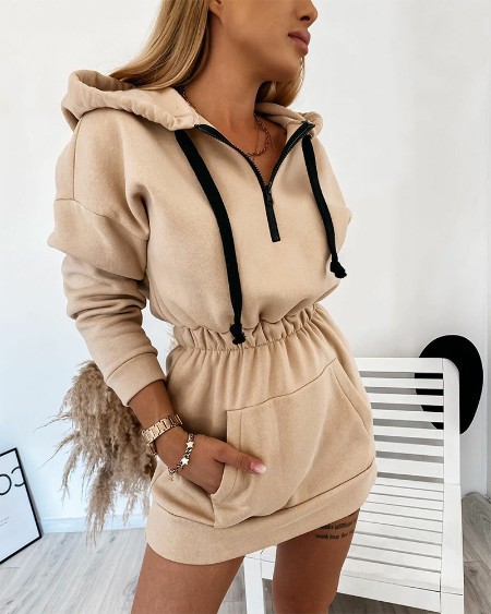 Women Sexy Long Sleeve Party Hoodie Dresses Autumn Winter Front Drawstring Sweatshirt Dresses