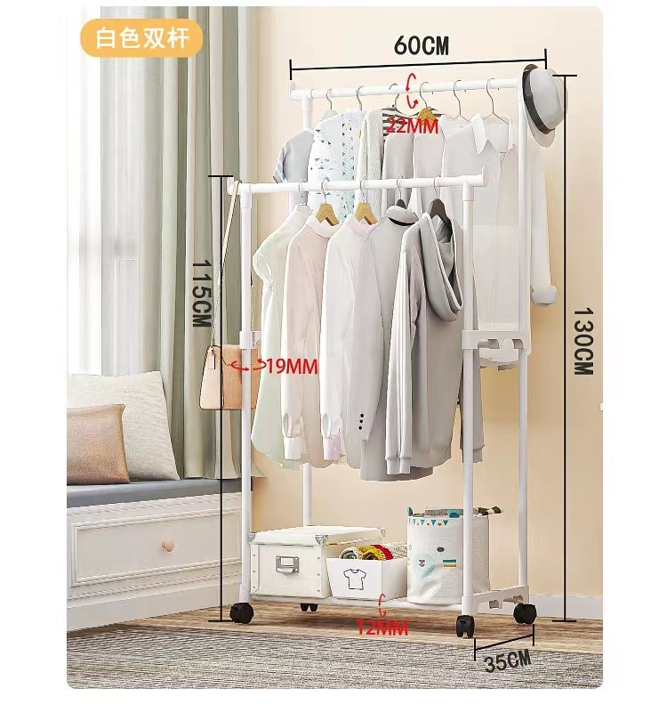 Compact cloth organizer wheeled  2 tier clothes rack freestanding clothing garment rack with metal basket rolling storage clothes shelves portable organizer coat rack for entry way home bedroom white