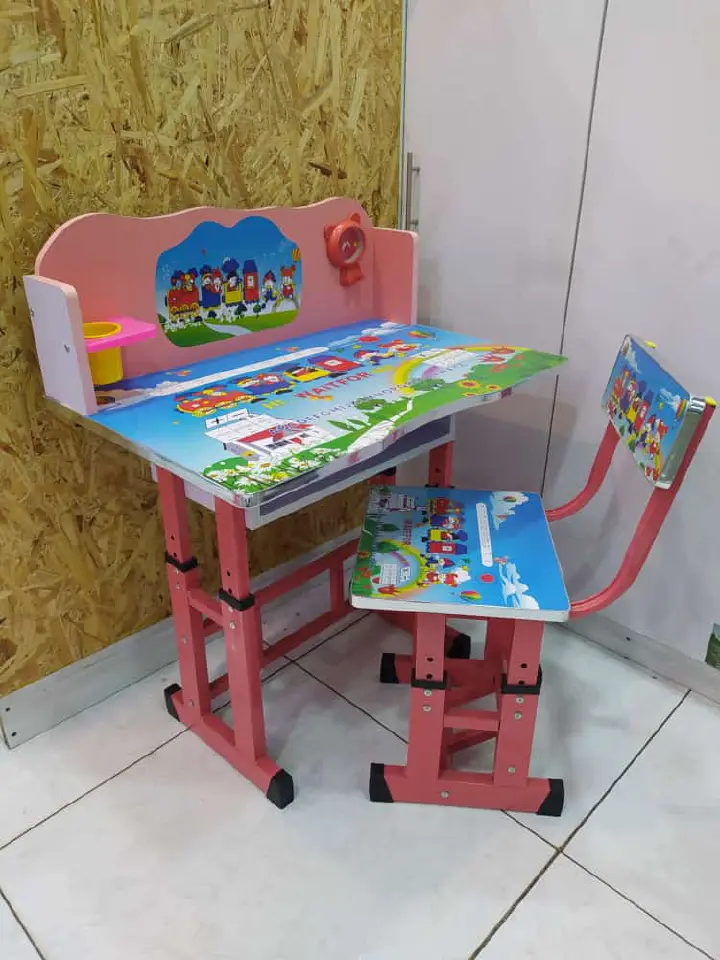 Generic Adjustable Kid,s Study Table + a free study  |  Educational Study Table For Kids With Chair And Clock  |  Suitable from 3yrs-10yrs  |  Easy to assemble.  |  Adjustable height.  |  Durable.