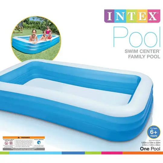 Intex Swim Center Family Pool Age 6+    |    2 air chambers  each with  double  valve  intake  and free-flow  exhaust  valve   |  Easy to inflate   |  Comes with a repair patch  |  Easy to store