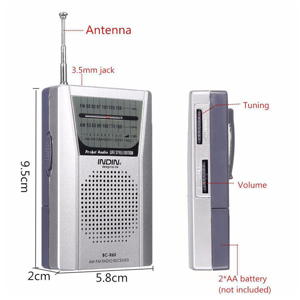BC-R60 Pocket Radio Telescopic Antenna Mini AM/FM 2-Band Radio World Receiver with Speaker