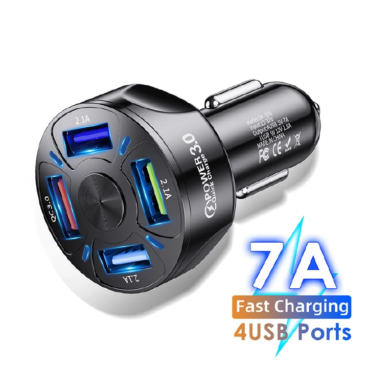 Mobile phone fast charging 7a car charging luminous car charger 4-port multifunctional USB car charging