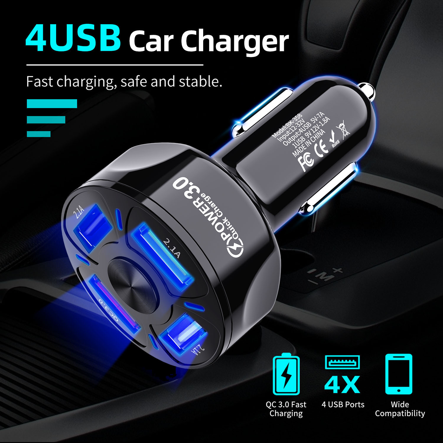 Mobile phone fast charging 7a car charging luminous car charger 4-port multifunctional USB car charging
