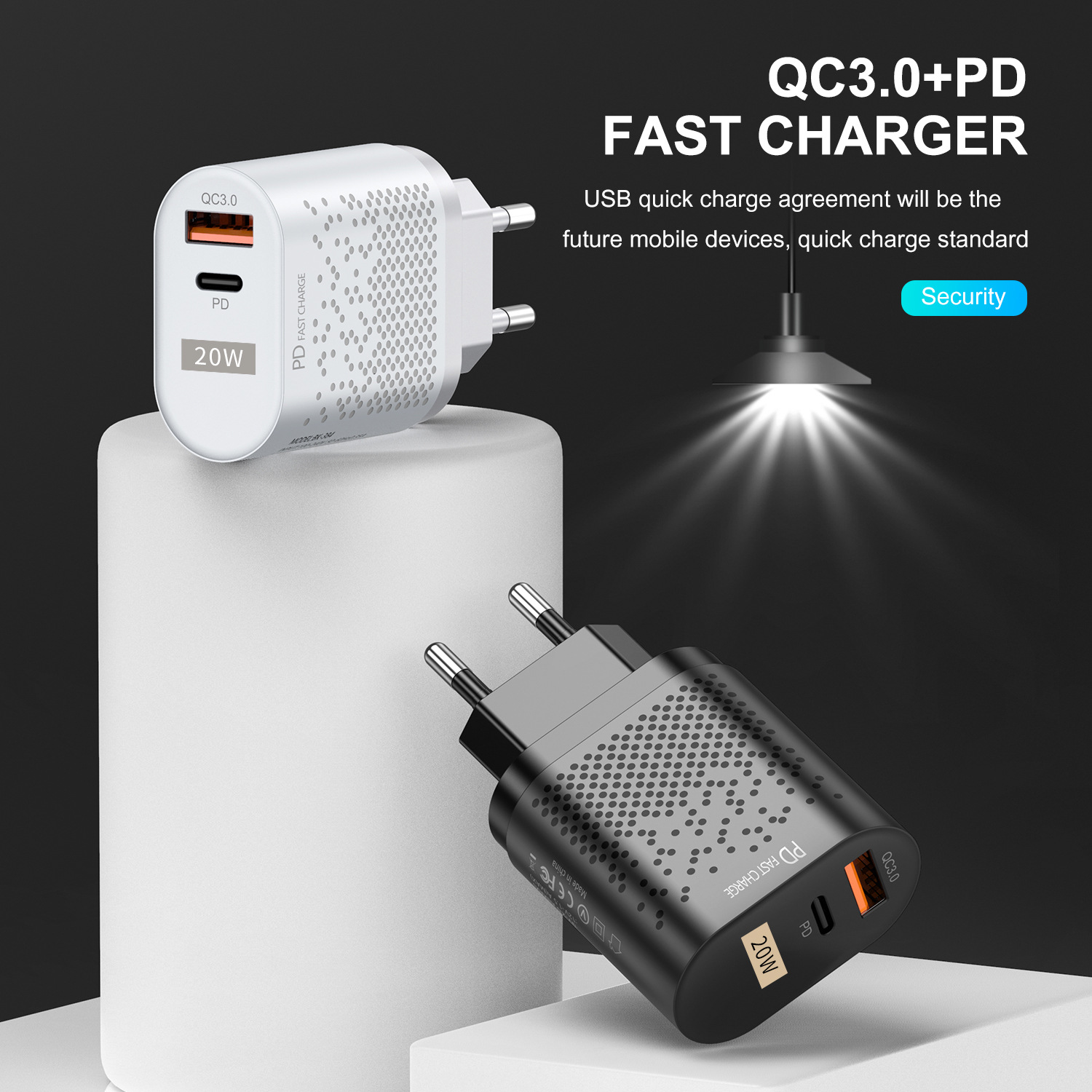 Qc3.0 fast charging PD charger 20W suitable for Apple 12 usb-a + type-C dual port charging head